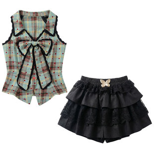 织物猪 青墨甜莓 美式复古甜酷风格纹无袖上衣女夏蝴蝶结设计衬衫