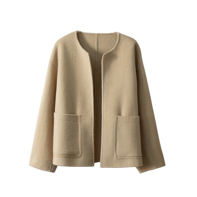 一丝牵羊毛羊绒双面呢大衣无扣圆领赫本风宽松显瘦开衫毛呢外套冬