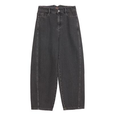 谜底萝卜裤女秋新品复古休闲风高腰分割廓形牛仔裤243MK1048