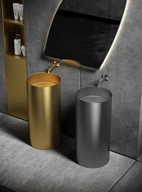 黑色金属不锈钢立柱盆落地式一体洗手台酒店圆形洗脸盆民宿洗手池