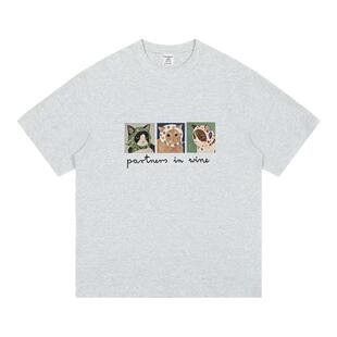 花灰色正肩t恤女男短袖夏季ins情侣款显瘦学生纯棉猫咪印花油画风