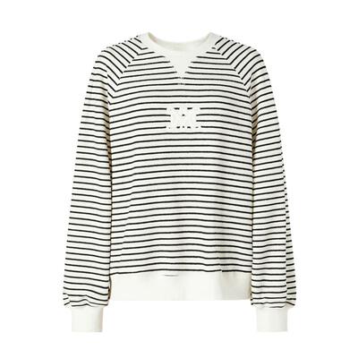 米白条纹圆领长袖针织上衣