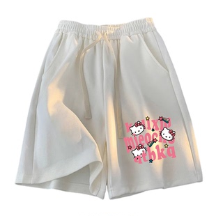 美式复古KT猫短裤女男夏季新款休闲运动裤阔腿五分裤大码爆款裤子