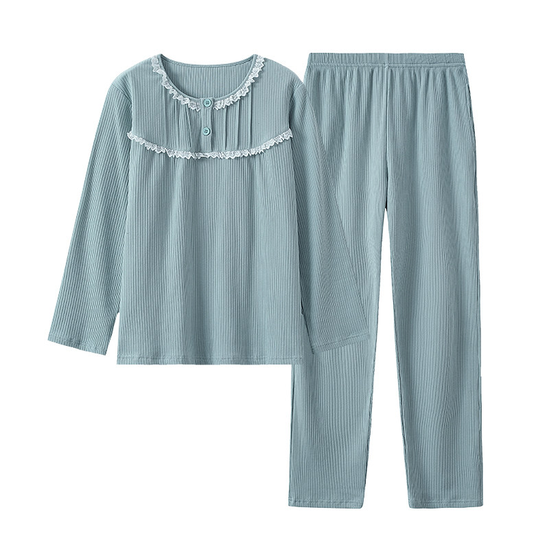 长袖睡衣女纯棉坑条家居服