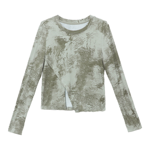 it'real瑞尔冬季圆领时尚复古内搭简约扎染长袖女T恤打底衫