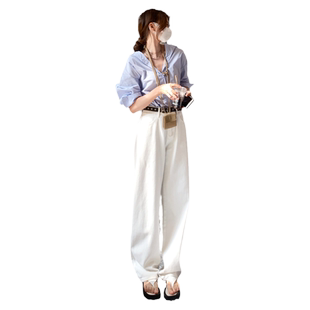 KRO高腰阔腿牛仔裤女2023新款百搭小个子直筒宽松日系白色拖地裤