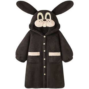 Pinksea睡袍女款冬季加厚黑皮小兔中长浴袍睡衣新款可外穿家居服