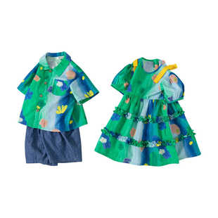夏季姐弟兄妹装涂鸦印花女童连衣裙男童套装女孩公主裙子休闲童装