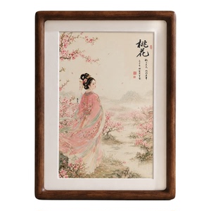 新中式桃花檀木框桌面摆台画