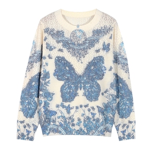 新款羊毛衫妈妈秋季薄款圆领长袖上衣古嘉子天丝印花针织衫女9605