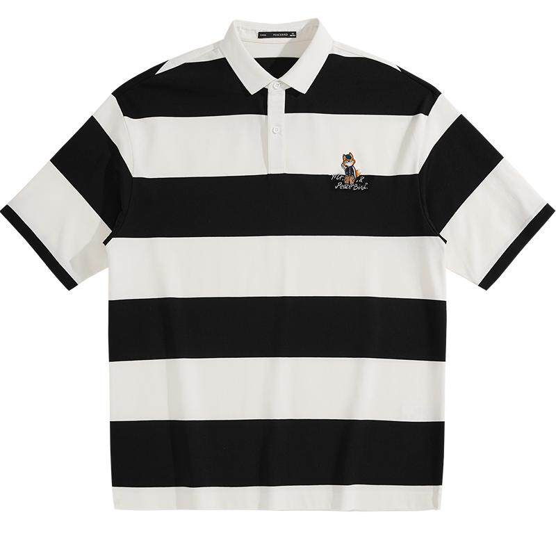 【40支超柔棉】太平鸟男装 潮流休闲polo衫男翻领短袖黑白条纹t恤