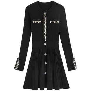 【爆款补单】bebe女士小香风圆领手工钉珠含羊毛针织连衣裙430912