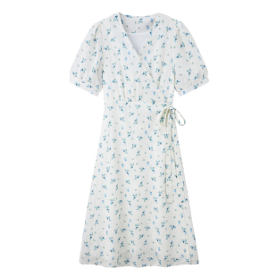 最小的海 刺绣温柔风韩版一片式碎花裙系带收腰显瘦中长款连衣裙