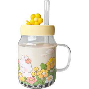 玻璃杯高硼硅耐高温网红水杯女生高颜值带把泡茶杯加粗吸管牛奶杯