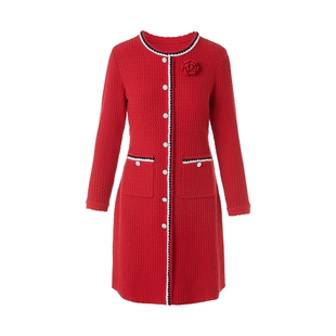 朗姿/LIME莱茵小香风羊毛花式纱收腰针织连衣裙红色新年26春新款