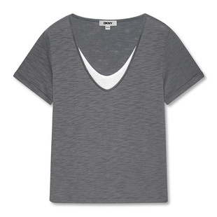 DKNY唐可娜儿春夏假两件短袖T恤女V领宽松上衣时尚百搭拼接撞色潮