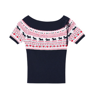 pusumede 费尔岛提花一字肩针织衫女夏季设计感修身短袖上衣T恤