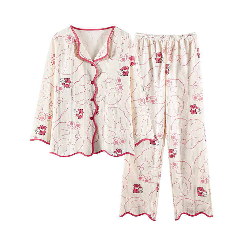 春秋夏冬季女款带胸垫开衫家居服