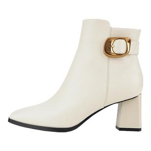 DFuse迪芙斯复古粗跟高跟短靴新款小牛皮方头靴子DF34116013