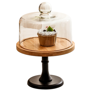 高脚蛋糕托盘旋转展示架木质面包试吃盘玻璃罩蛋糕摆台木制甜品台