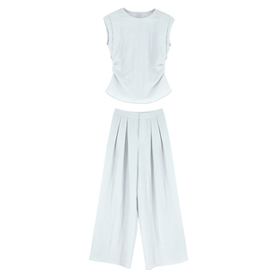 AHY 收腰双层宽肩小衫褶皱阔腿裤亚麻套装女2025夏季新款两件套