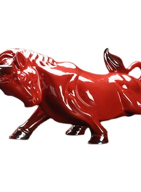 陶瓷红牛风水礼盒装玄关书房摆件
