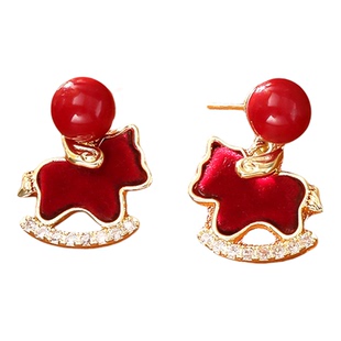 马上好运红色植绒锆石吊坠项链新国潮生肖小马红珠子新年款耳钉女