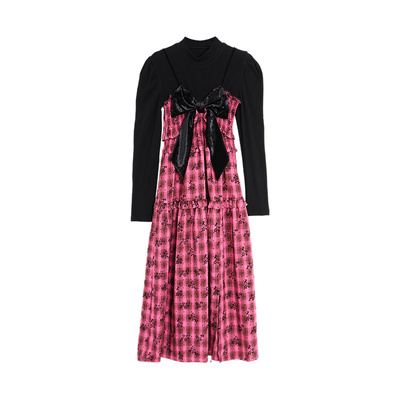 西町村屋假两件植绒蝴蝶结背带裙