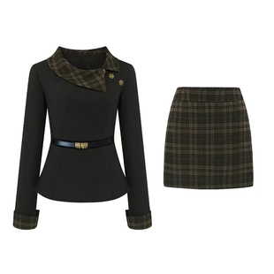 大码格纹半裙冬季套装裙小个子微胖遮肚显瘦长袖上衣+短裙两件套