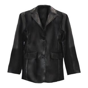 Cjxnh皮衣西装外套 质感百搭休闲黑色PU高级炸街西服24秋显瘦包邮