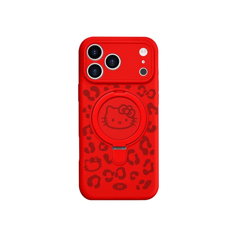 ANGYING × 豹纹KT猫适用iPhone17Promax手机壳磁吸带支架To5苹果16Pro套新款ip15液态硅胶新年13pm全包红色