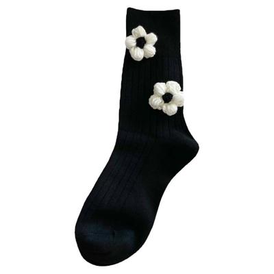 黑色花袜子春夏季女中筒袜