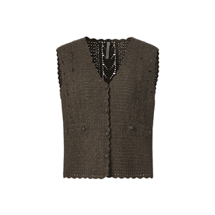 VGRASS25秋冬新款全手工钩针镂空开衫马甲羊毛混纺上衣毛针织衫女