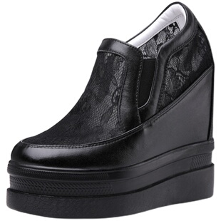 14cm内增高真皮镂空小白鞋女春夏超高跟坡跟厚底松糕黑色休闲女鞋