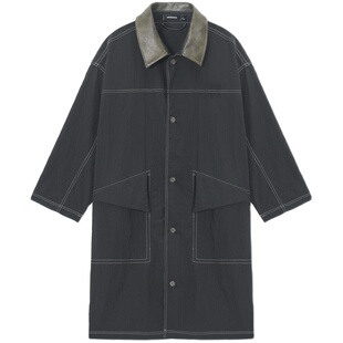 【防风速干面料】Unvesno(UN) 海明威褶皱极简皮领防泼水风衣外套