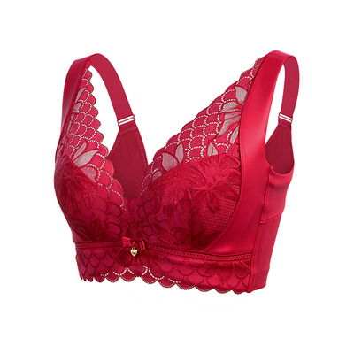 卉岩红色大码内衣女软钢圈防下垂