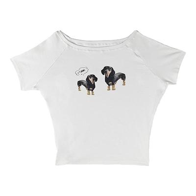 腊肠狗印花斜肩短袖t恤女夏上衣