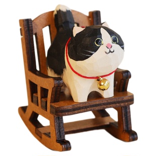 手工木雕奶牛猫~猫咪桌面小摆件工位办公室装饰治愈系生日礼物女