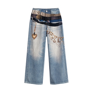 【棉】Desigual26秋冬新品浅蓝水洗做旧印花阔腿女式牛仔裤