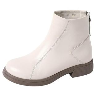 全牛皮真皮女士皮鞋米色短靴2025新款女鞋秋款软皮软底大码女靴子