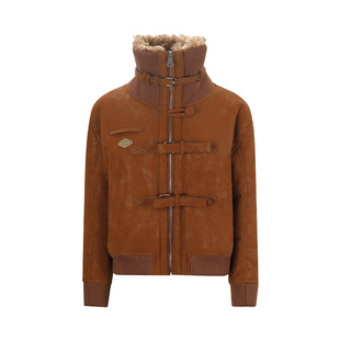 ARTE PURA2025秋冬新款深咖色擦光麂皮皮带扣皮毛一体夹克外套女