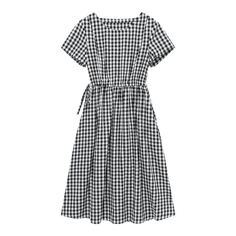 Basic House/百家好格纹黑白格子短袖连衣裙女夏季中长款收腰裙子