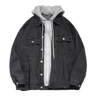 BOYUE帛跃假两件牛仔外套春秋韩版学生设计感青春大码带帽夹克男