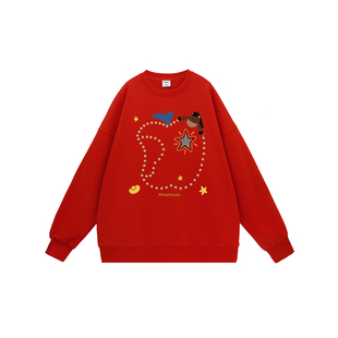 PCMY新年苹安红色圆领卫衣男女同款2026过年情侣装宽松重磅外套