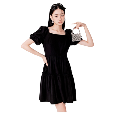 EF高级感法式复古方领丝绒连衣裙夏季新款气质泡泡袖小黑裙女