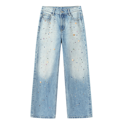 ANDREA MARTIN2026春新款满天星烫钻做旧水洗渐变女阔腿牛仔长裤