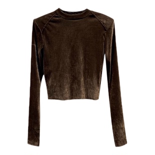 超好看内搭2025冬季新款圆领修身短款上衣高级感丝绒打底衫T恤女