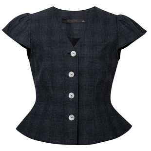 罗衣知性V领收腰格子衬衫女2025夏季新款气质法式泡泡袖上衣12117