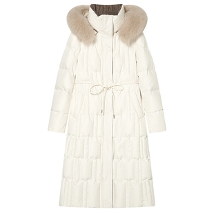 Goodland美地女装冬季时尚狐狸毛领中长款高克重白鸭绒羽绒服