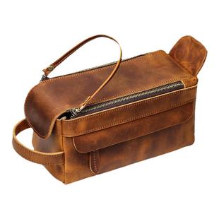 疯马皮多功能真皮女士手提化妆包大容量洗漱品收纳包牛皮复古手包